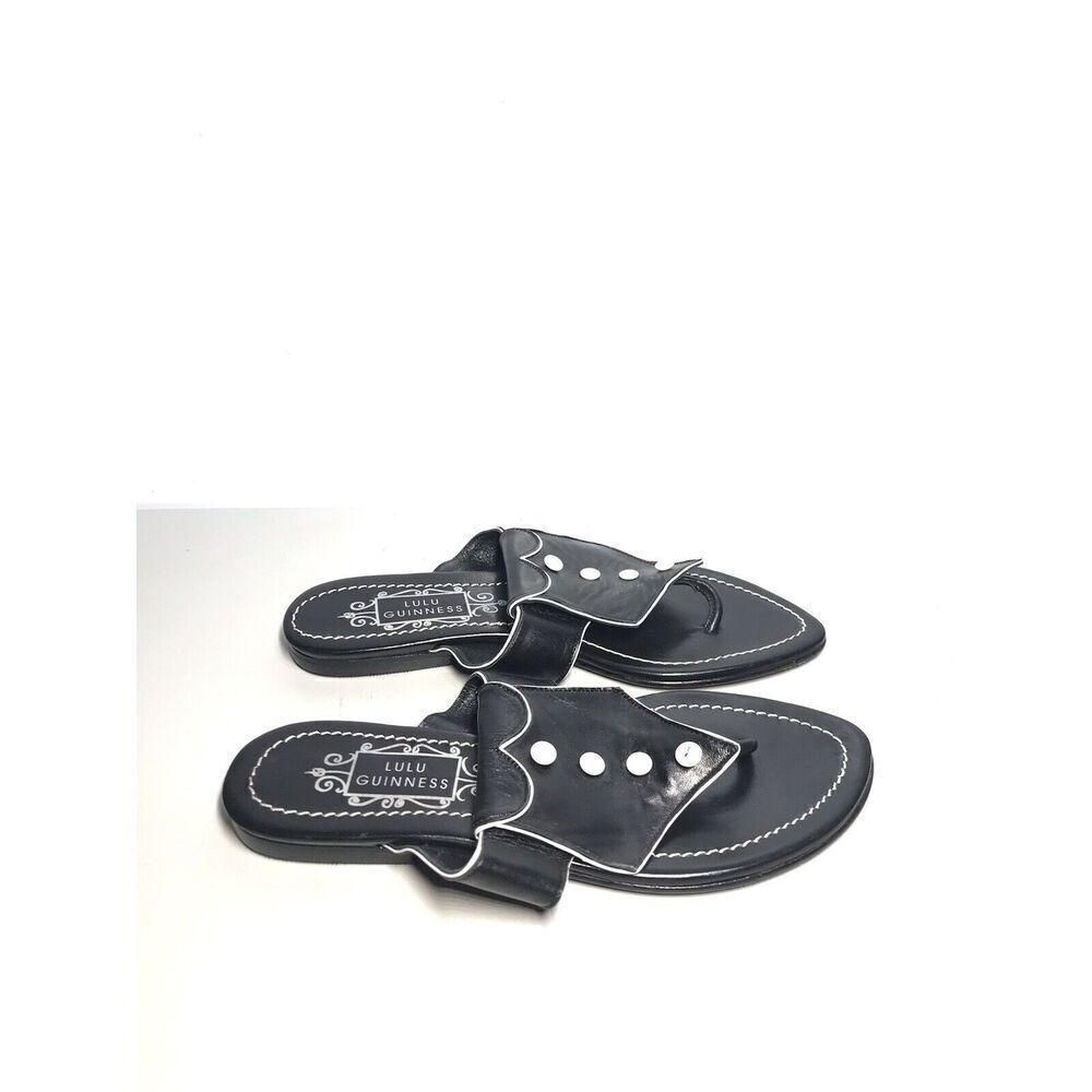Lulu Guinness Black White Leather Tux Slides Sandals Women’s Sz 37.5M US/7M US